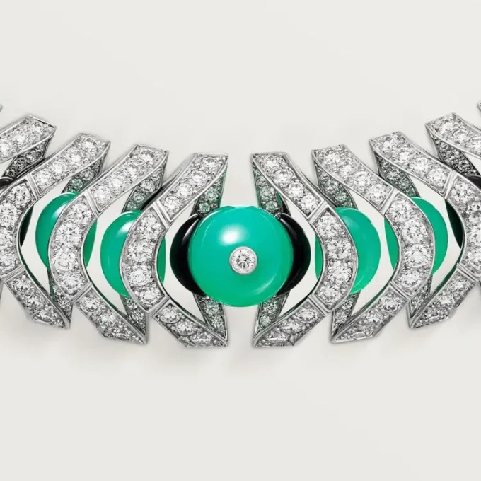 Geometrie & Contrastes-halsketting, chrysopraas, bezet
