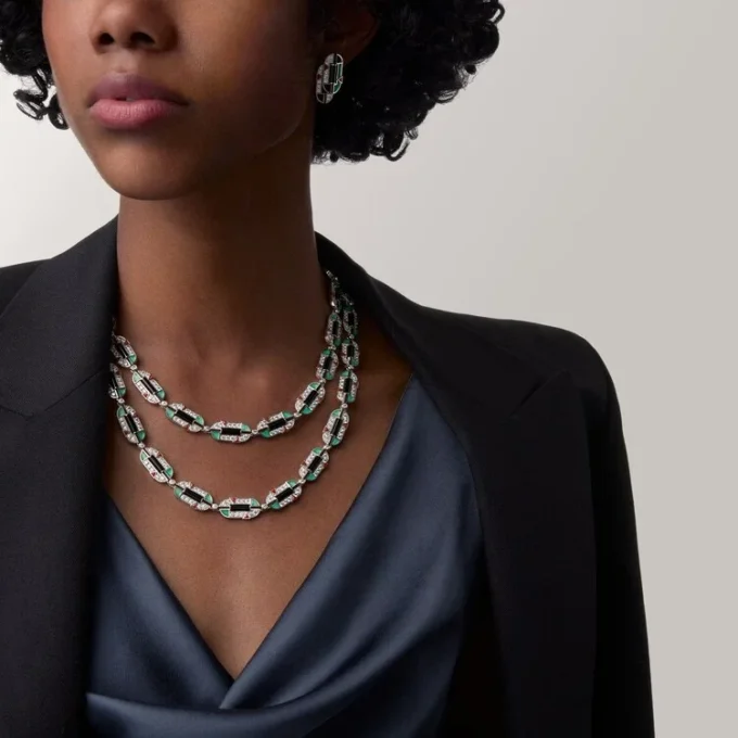 Geometrie & Contrastes-halsketting, chrysopraas, multi-wear, bezet