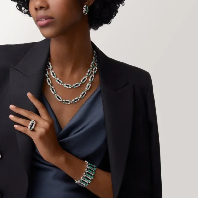 Geometrie & Contrastes-halsketting, chrysopraas, multi-wear, bezet