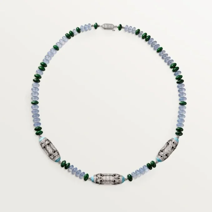 High Jewelry-ketting – Witgoud, chalcedoon, skarn, turkoois, zwarte lak, diamanten – Cartier