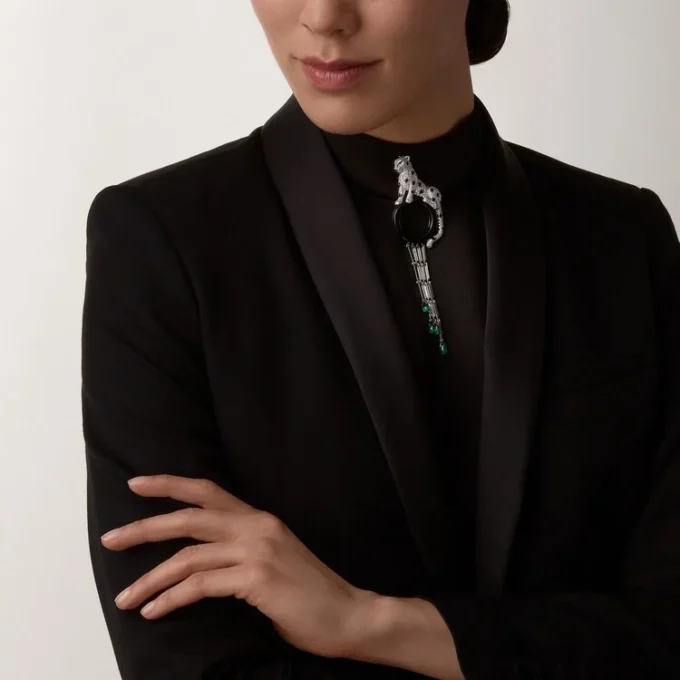 Panthere De Cartier-broche – Witgoud, smaragden, onyx, diamanten – Cartier