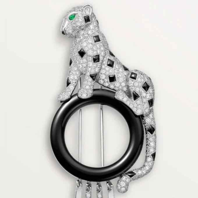 Panthere De Cartier-broche – Witgoud, smaragden, onyx, diamanten – Cartier