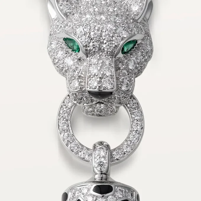 Panthere De Cartier-halsketting – Witgoud, zwarte lak, smaragden, onyx, diamanten – Cartier