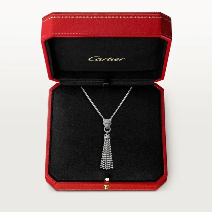Panthere De Cartier-halsketting – Witgoud, zwarte lak, smaragden, onyx, diamanten – Cartier