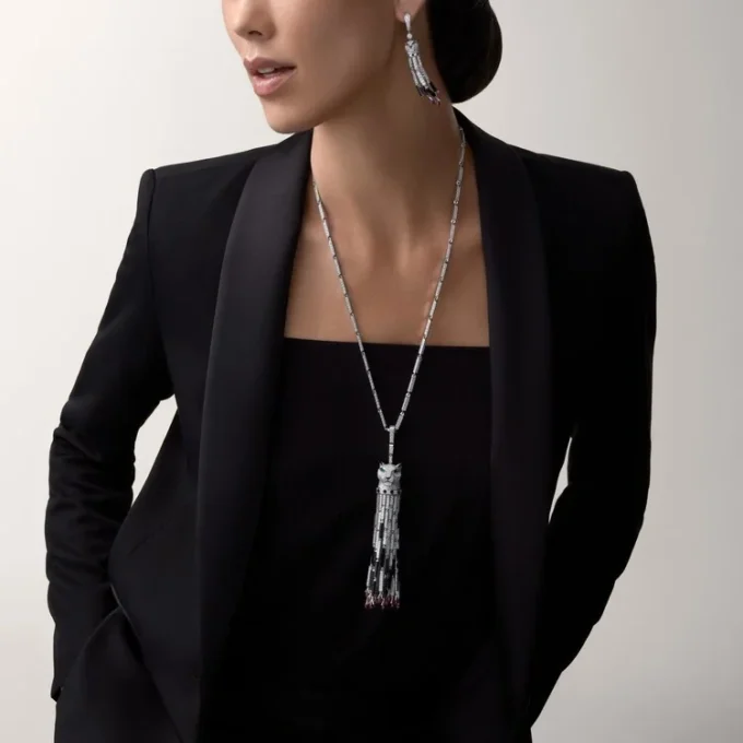 Panthere De Cartier lange ketting, robijn, multi-wear, groot model, bezet
