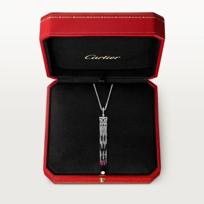 Panthere De Cartier lange ketting, robijn, multi-wear, groot model, bezet