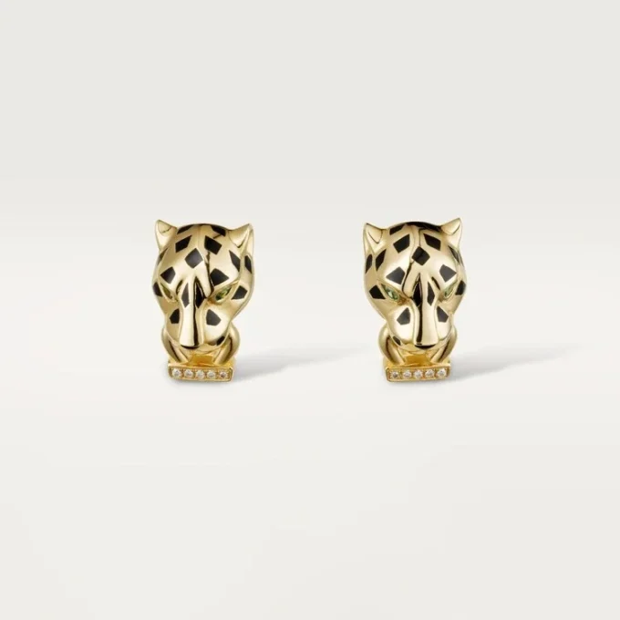 Panthere De Cartier-oorbellen – geelgoud, lak, diamanten, tsavoriet-granaten, onyx – Cartier