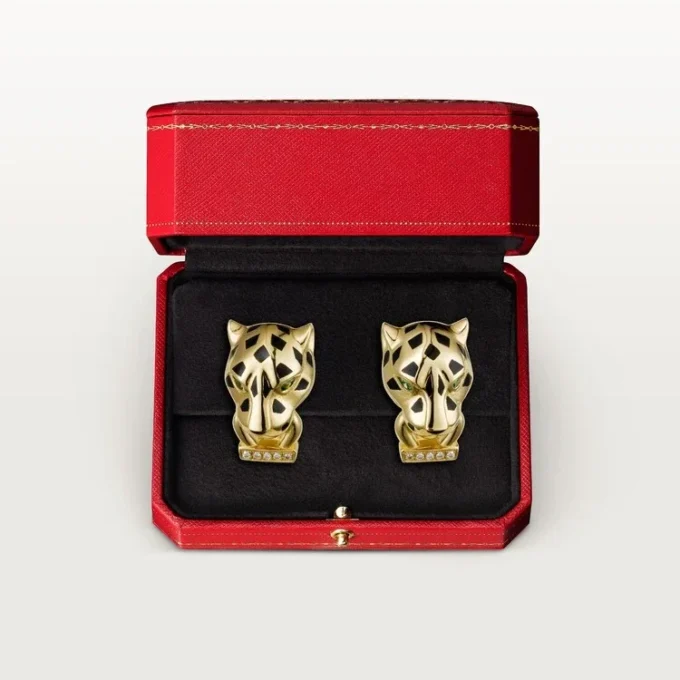 Panthere De Cartier-oorbellen – geelgoud, lak, diamanten, tsavoriet-granaten, onyx – Cartier