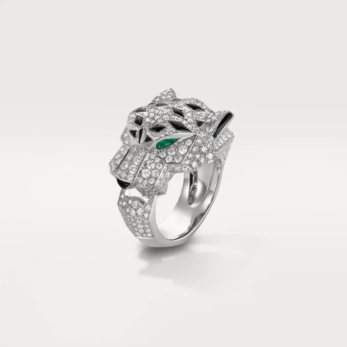 Panthere De Cartier-ring – witgoud, diamanten, smaragden, onyx – Cartier