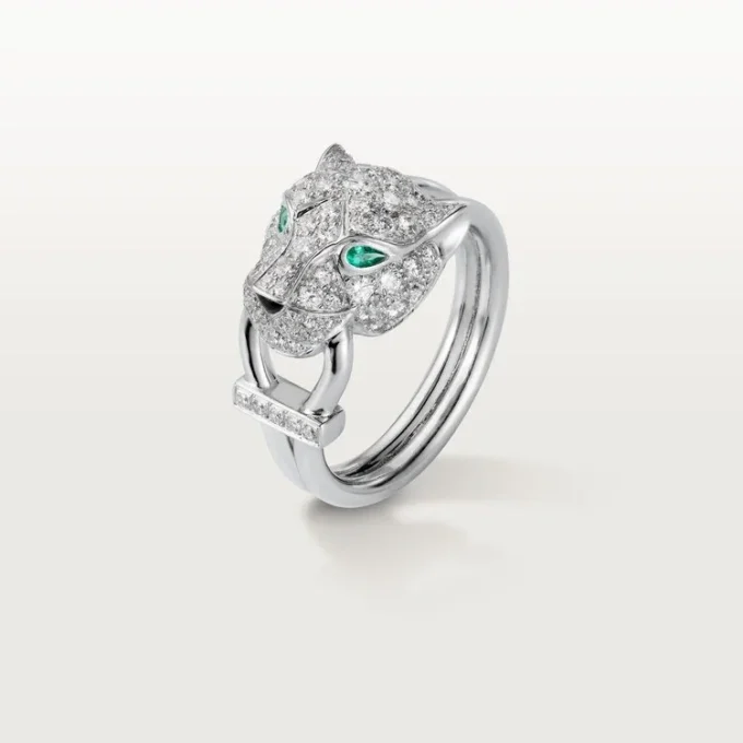 Panthere De Cartier-ring – witgoud, diamanten, smaragden, onyx – Cartier