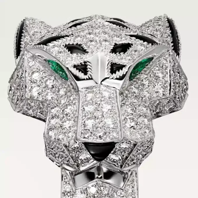 Panthere De Cartier-ring – witgoud, diamanten, smaragden, onyx – Cartier