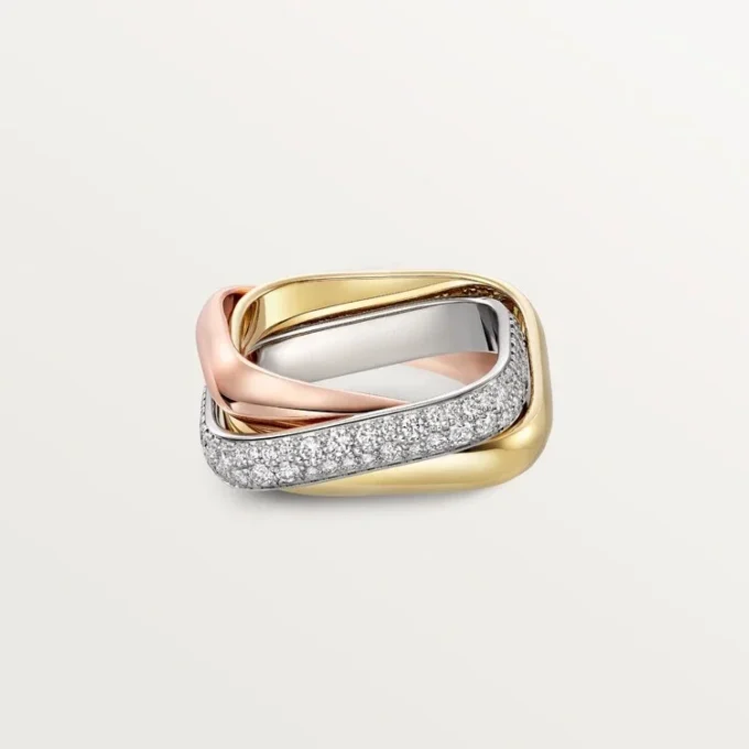 Trinity-ring, kussenvormig, middelgroot model, half bezet
