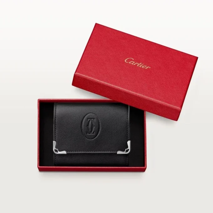 Vierkant portemonneetje, Must de Cartier – Zwart kalfsleer, roestvrijstalen afwerking – Cartier
